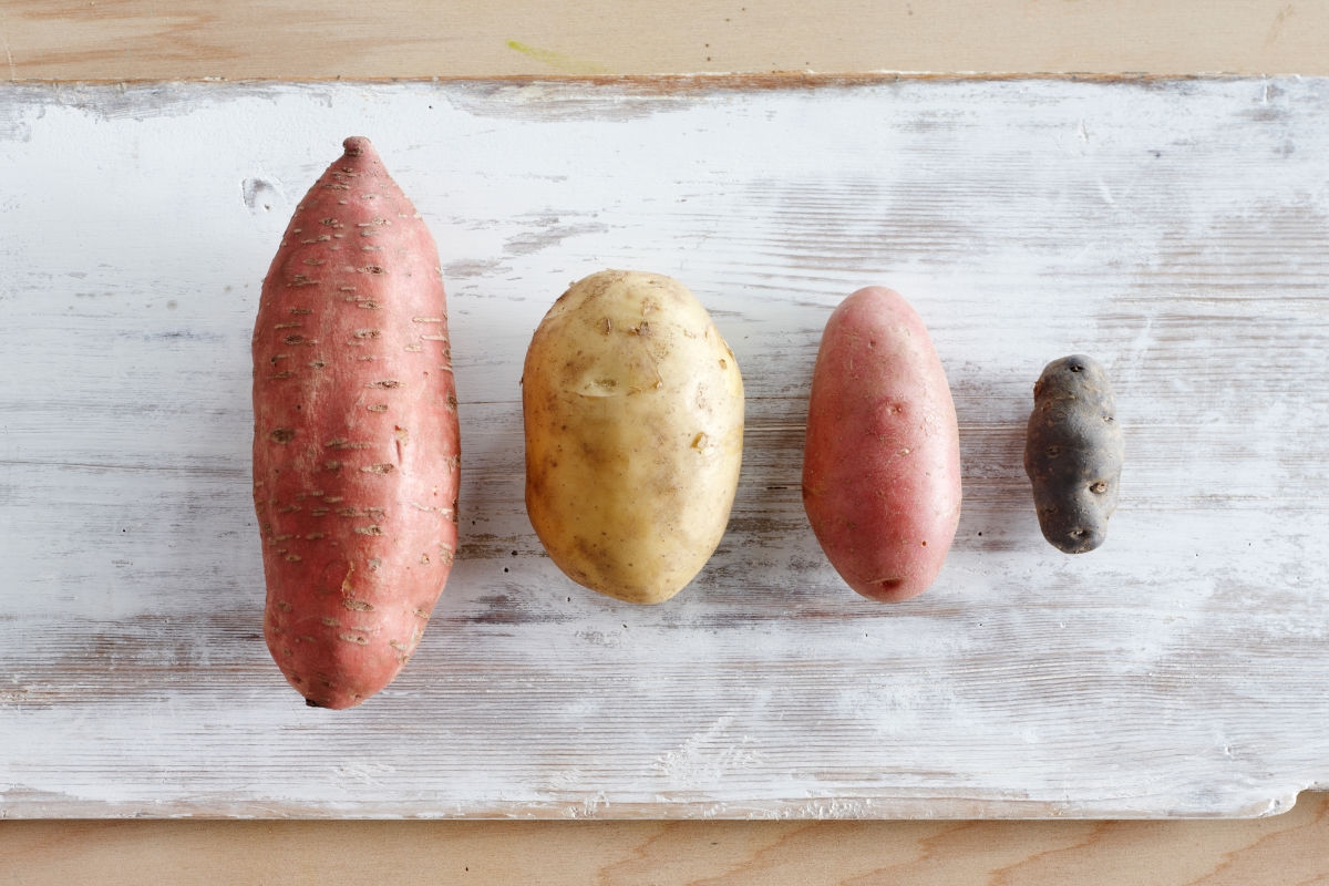 vier kartoffelsorten für pommes geeignet, in verschiedenen farben nebeneinander auf holz