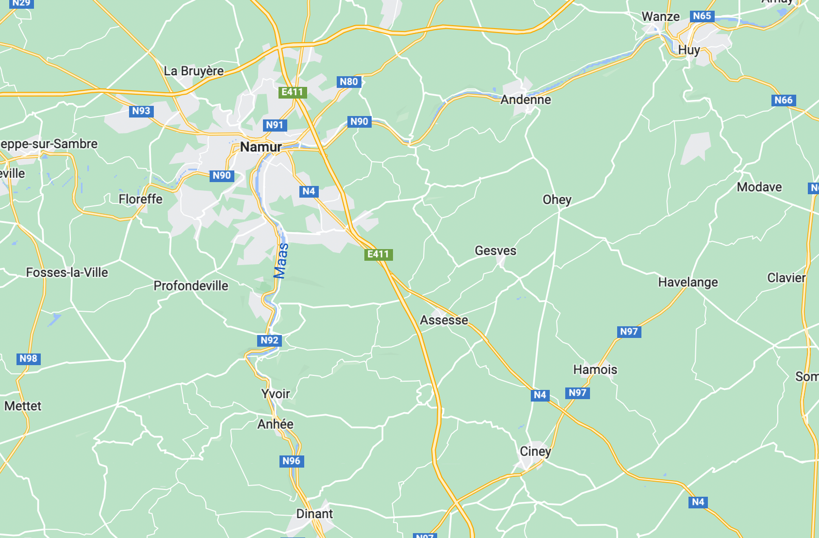 Kartenansicht von Belgischer Namur Region rund um den Fluss Maas, in welcher die Pommes Frites erfunden wurde 