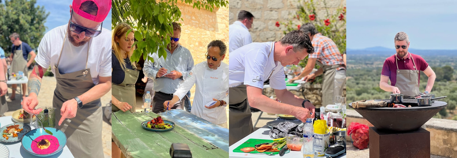 Chefs richten unter blauem Himmel kreative Gerichte an